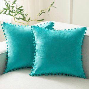 (Only Covers) Set of 2 Poms Poms Velvet Decorative Pillow Covers, Turquoise
